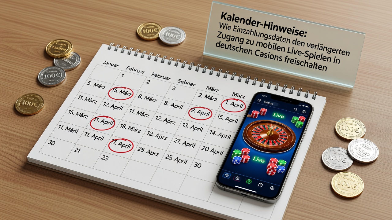 Kalender mit Einzahlungsdaten und Live-Casino-Symbolen auf einem Smartphone-Display