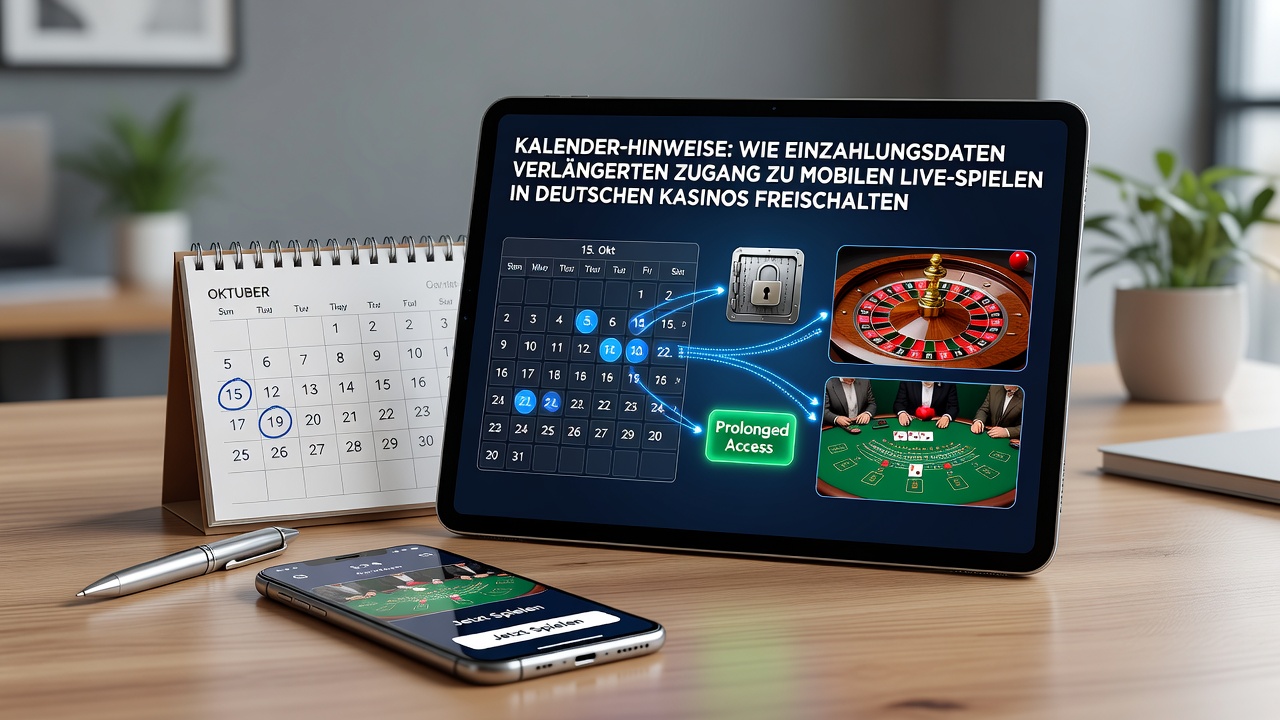 Smartphone zeigt Live-Casino-Tisch mit Kalender-Overlay und Einzahlungsbestätigung