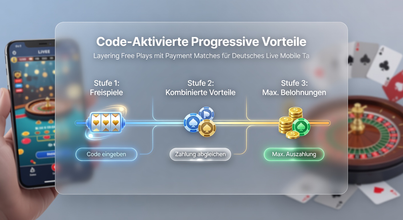 Grafik zeigt schichtweise Progression von Free Plays zu Match-Boni in einer deutschen Live-Mobile-Casino-App mit Code-Aktivierung