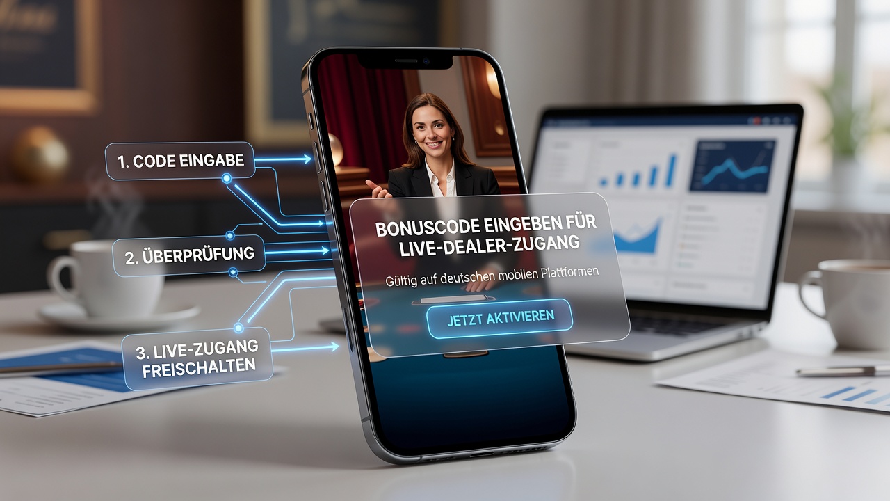 Mobile App-Oberfläche mit aktiviertem Live-Dealer-Bonuscode und Tischübersicht