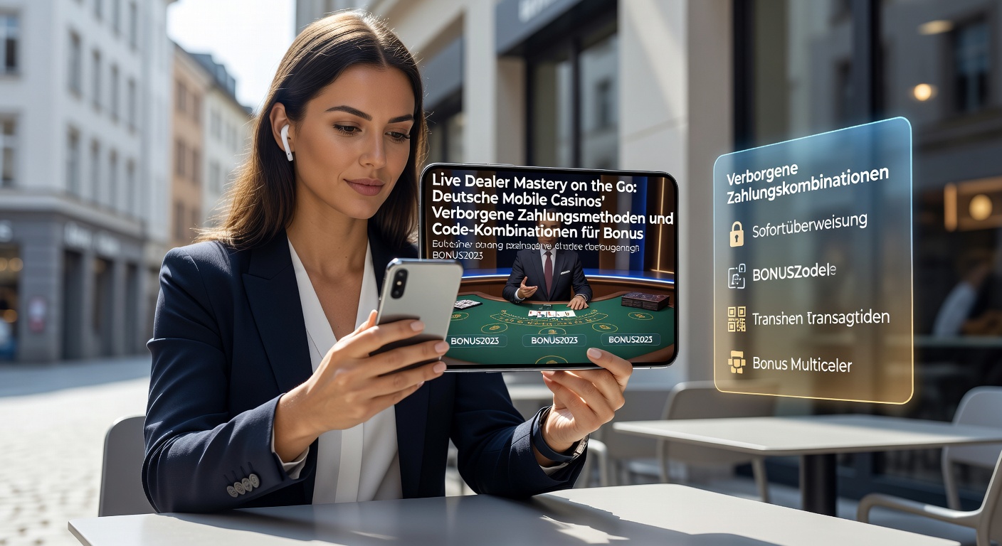 Grafik mit Zahlungsmethoden-Icons, Bonus-Codes und einem Live-Dealer auf einem Tablet in einem deutschen Casino-App