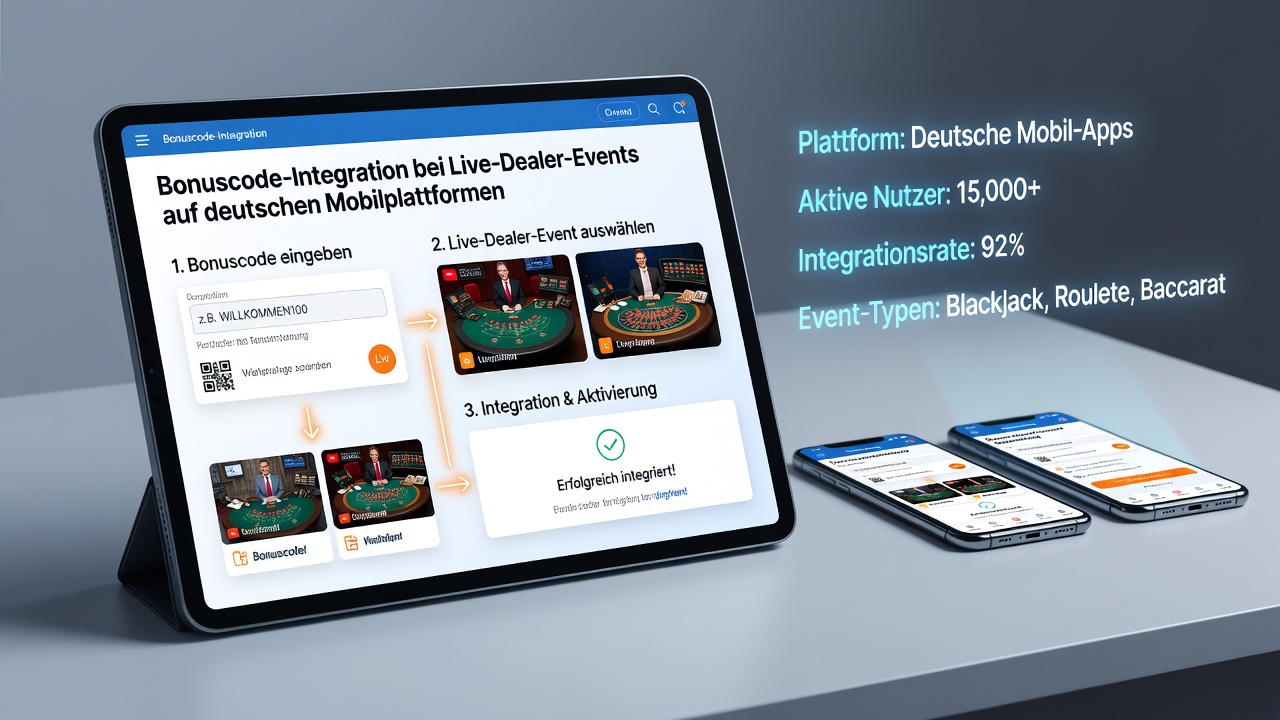 Live-Dealer-Tisch auf einem Tablet mit integriertem Bonus-Code-Overlay während einer deutschen mobilen Session