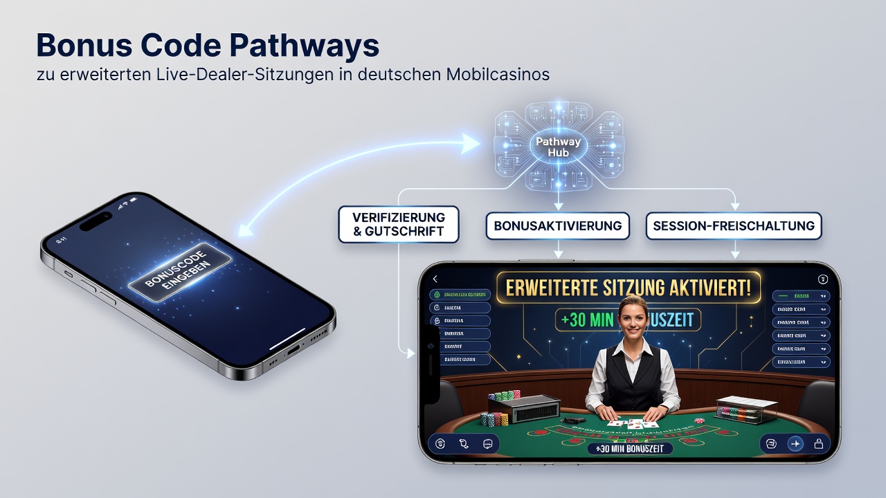 Mobile App-Oberfläche mit verfolgten Bonuscode-Pfaden und Live-Dealer-Sitzungen